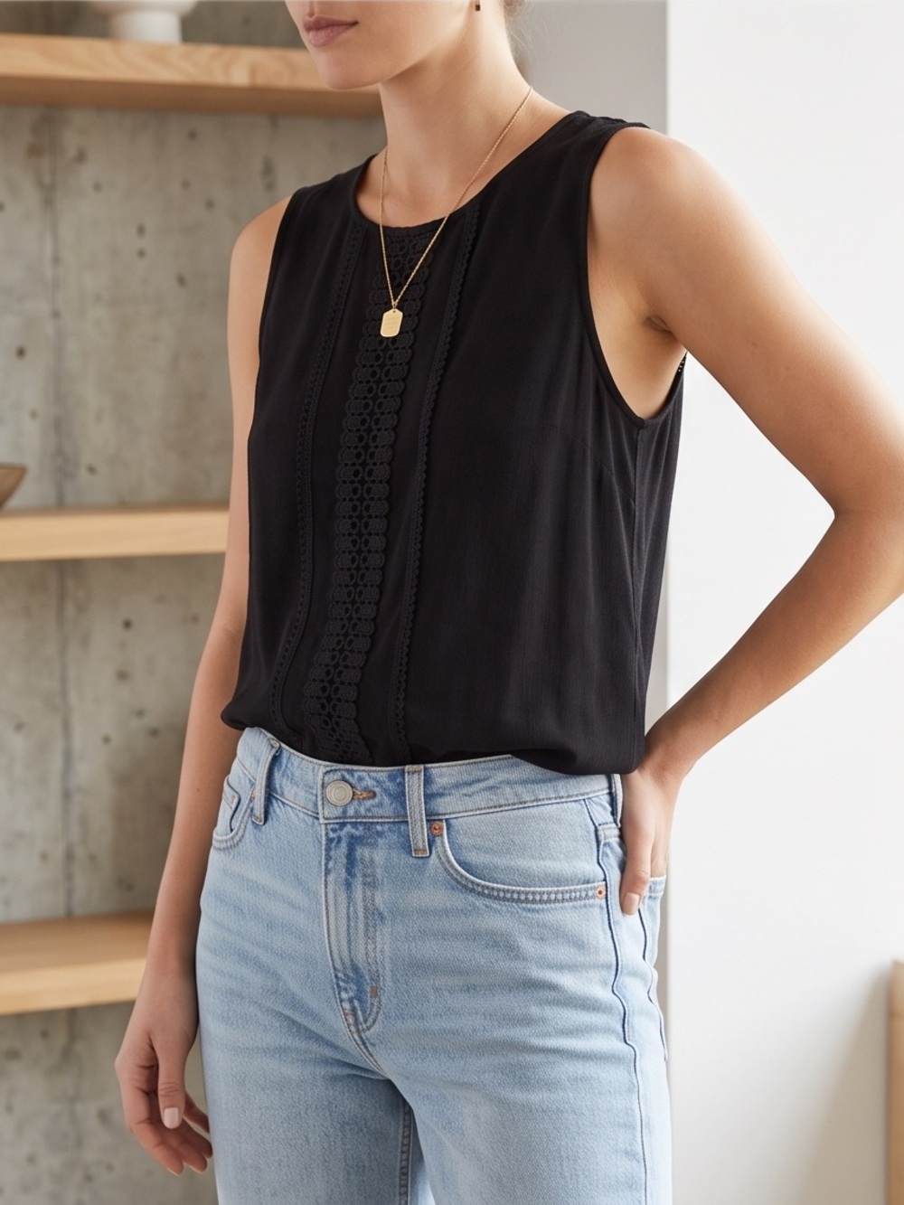 AB Studio Black Lace-Detail Sleeveless Camisole